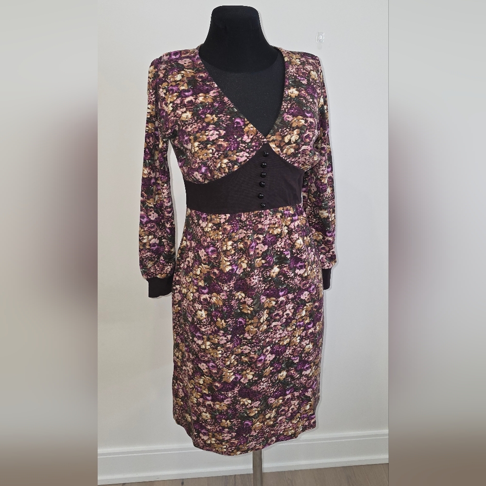 Per Una By Marks & Spencer Purple Brown Floral V-Neck Sweater Dress Vintage US S